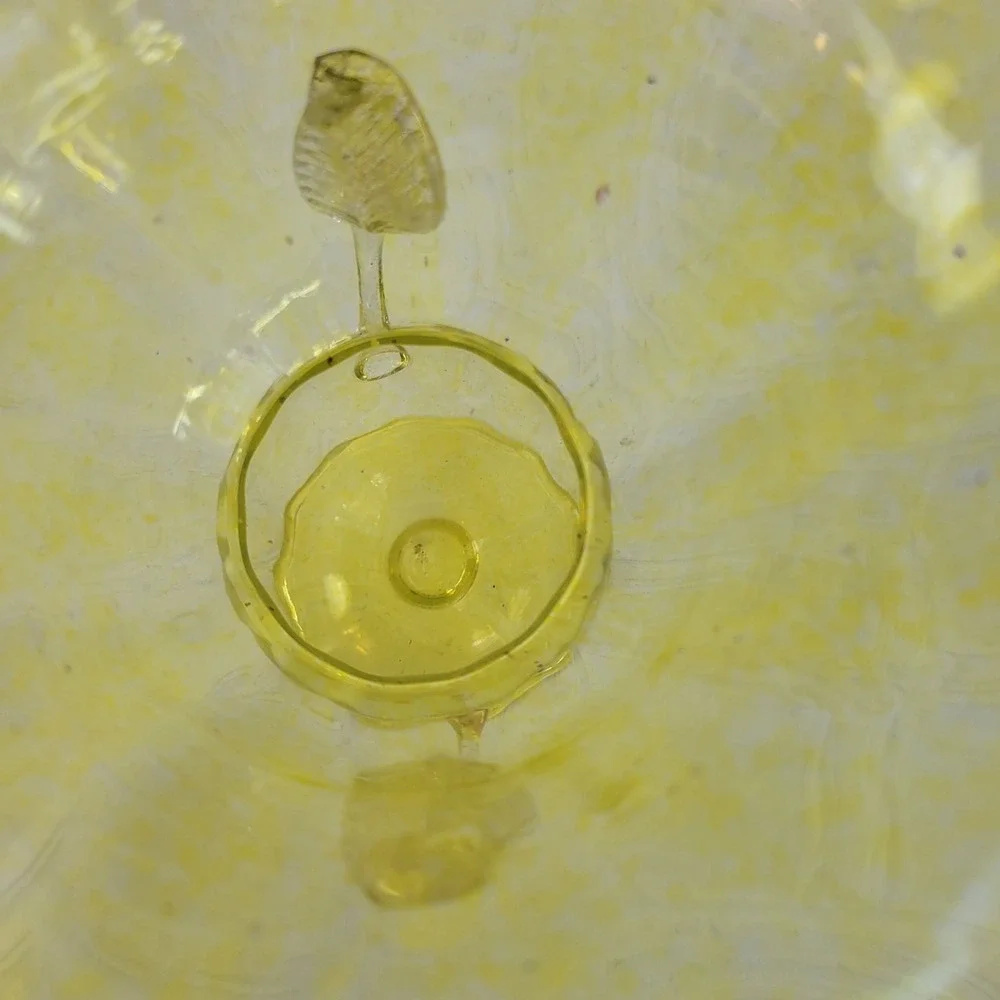 Vintage Yellow Blown Glass Trophy‎ Vase MCM Clear Leaf Handles 6.75in Art Glass